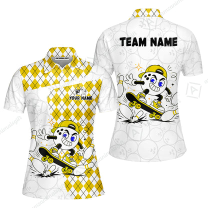 Custom Bowling Jersey Polo Shirt, Skateboarder Bowling Ball Mascot, Custom Bowling Jersey Team Shirt For Players With Name and Team Name