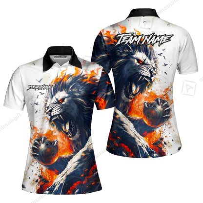 Custom Bowling Jersey Polo Shirt, Lion Fire Lava, Personalized Name And Team Name