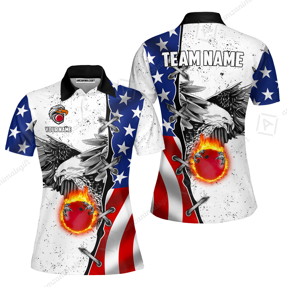 Customized Bowling Unisex Polo Shirt, US Flag White Eagle Flame Pin Dust Pattern Bowling, Personalized Name And Team Name