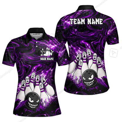 Customized Bowling Unisex Polo Shirt, Bowling Angry Ball VS Screaming Pins, Personalized Name And Team Name
