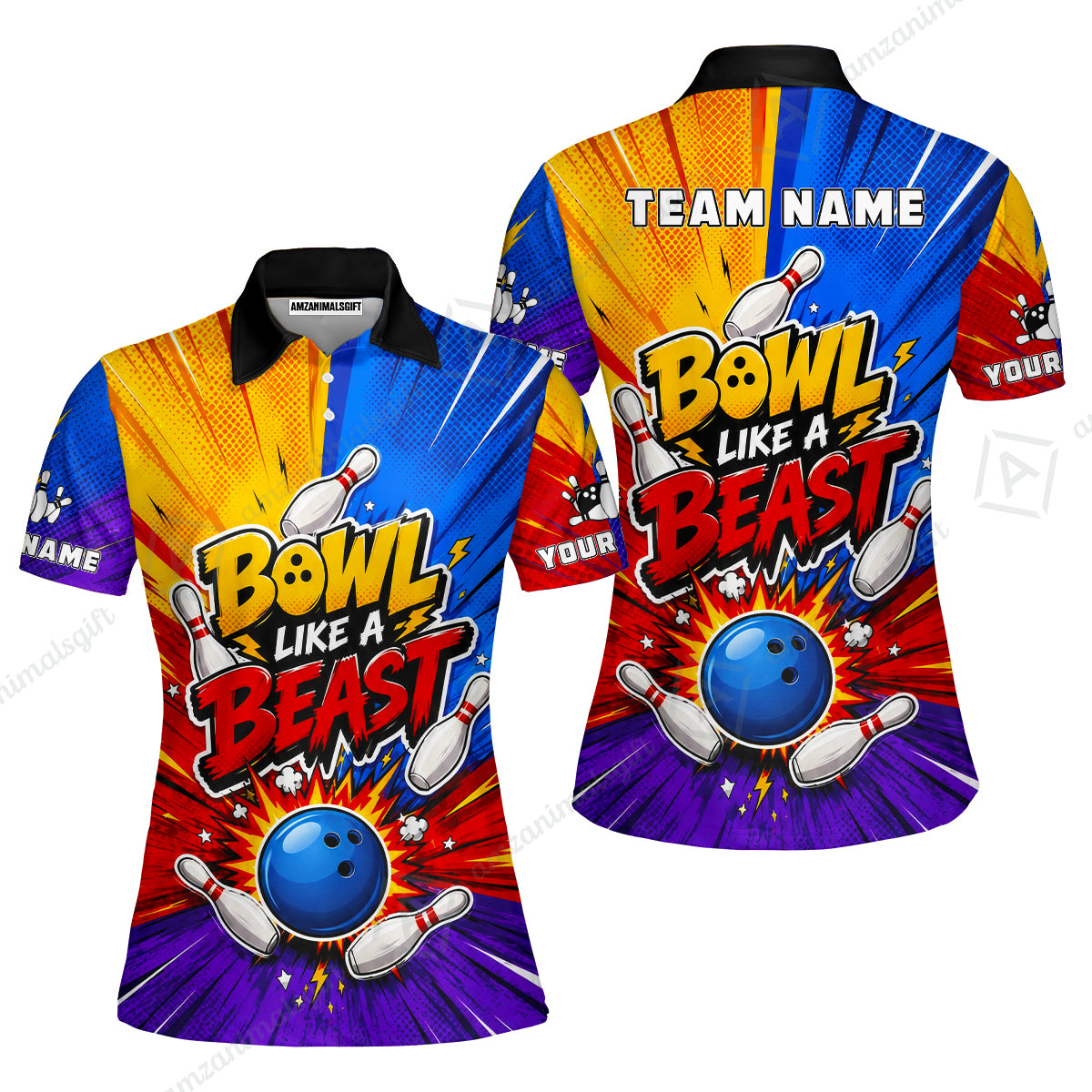 Custom Bowling Jersey Polo Shirt, Comic Pop Art Beast Mode Blast, Custom Bowling Jersey Team Shirt For Players With Name and Team Name