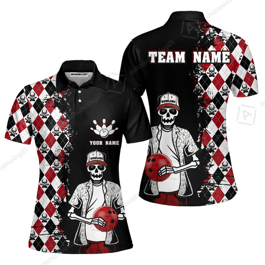 Bowling Custom Women Polo Shirt - Custom Name Argyle Pattern Skull Bowling Personalized Bowling Polo Shirt - Gift For Friend, Family, Bowling Lovers