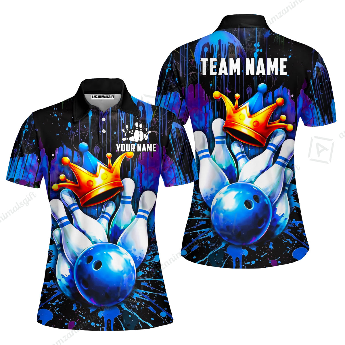 Custom Bowling Jersey Polo Shirt, Neon King Crown, Custom Bowling Jersey Team Shirt For Players With Name and Team Name