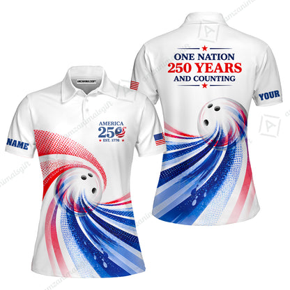 Custom Bowling Jersey Polo Shirt, One Nation 250 Years And Counting, Personalize Name and Team Name