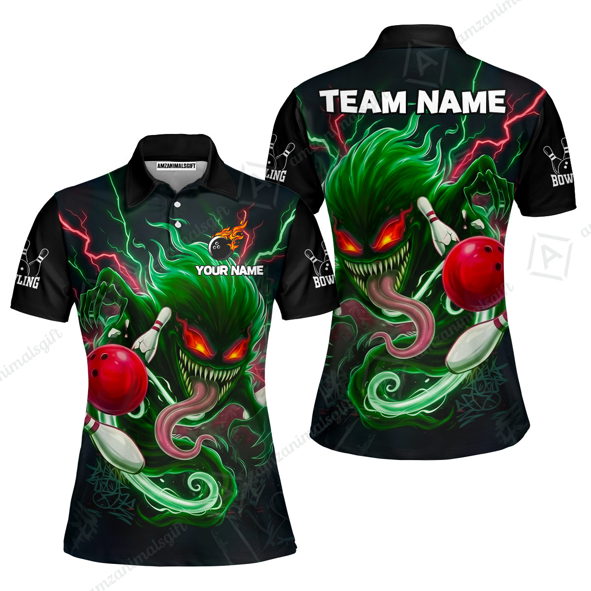 Customized Bowling Jerseys Polo Shirt, Evil Bowling Monster-Dark Bowling Spirit, Uniform Bowling - Personalized Name And Team Name
