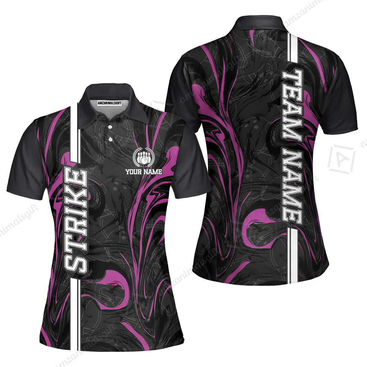 Customized Bowling Unisex Polo Shirt, Bowling Black And Pink Marble Art, Bowling Uniform - Personalized Name And Team Name
