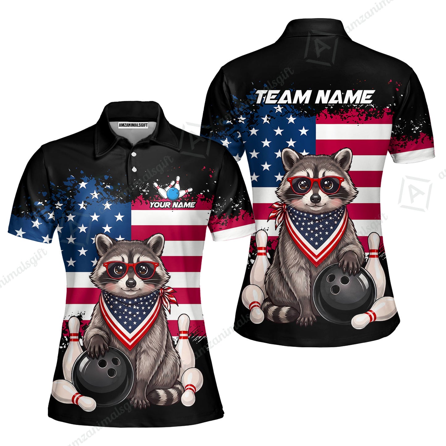 Custom Bowling Jersey Polo Shirt, Animal With Glasses And Bandana America Flag, Personalize Name & Team Name