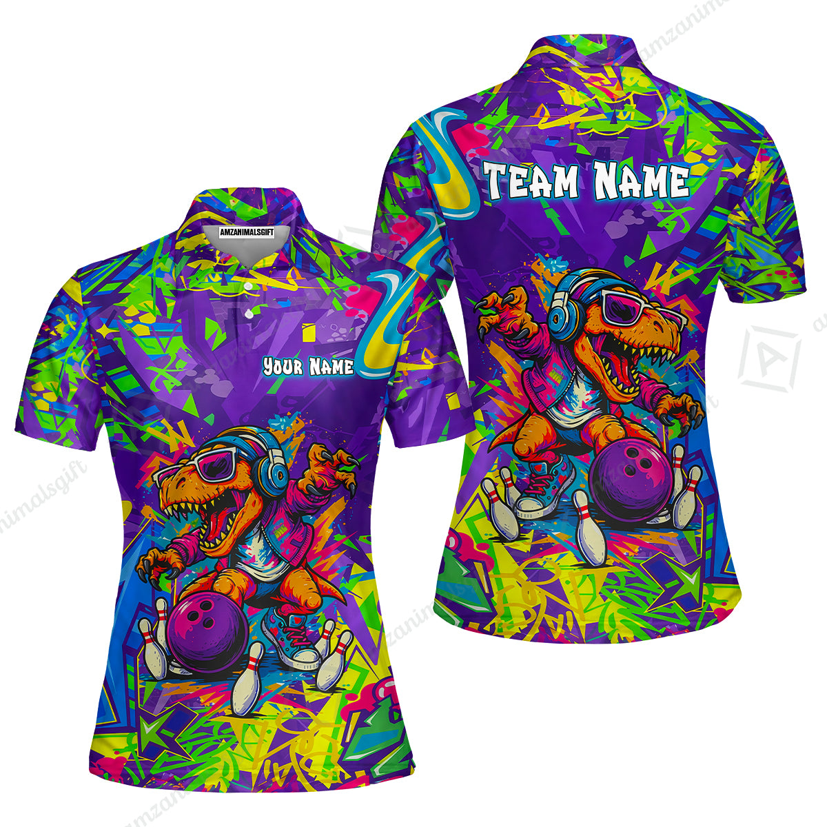 Custom Bowling Jersey Polo Shirt, Vibrant Neon Graffiti DJ T-Rex, Custom Bowling Jersey Team Shirt For Players With Name and Team Name