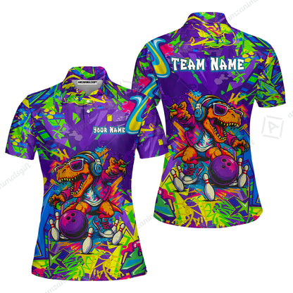 Custom Bowling Jersey Polo Shirt, Vibrant Neon Graffiti DJ T-Rex, Custom Bowling Jersey Team Shirt For Players With Name and Team Name