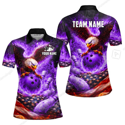 Custom Bowling Jersey Polo Shirt, Patriotic Blue Fire Eagle, Custom Bowling Jersey Team Shirt For Players With Name and Team Name