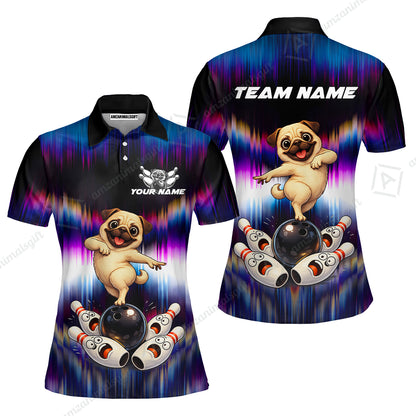 Custom Bowling Jersey Polo Shirt, Neon Cosmic Pug Bowling Custom Bowling Jersey Team Shirt For Players With Name & Team Name