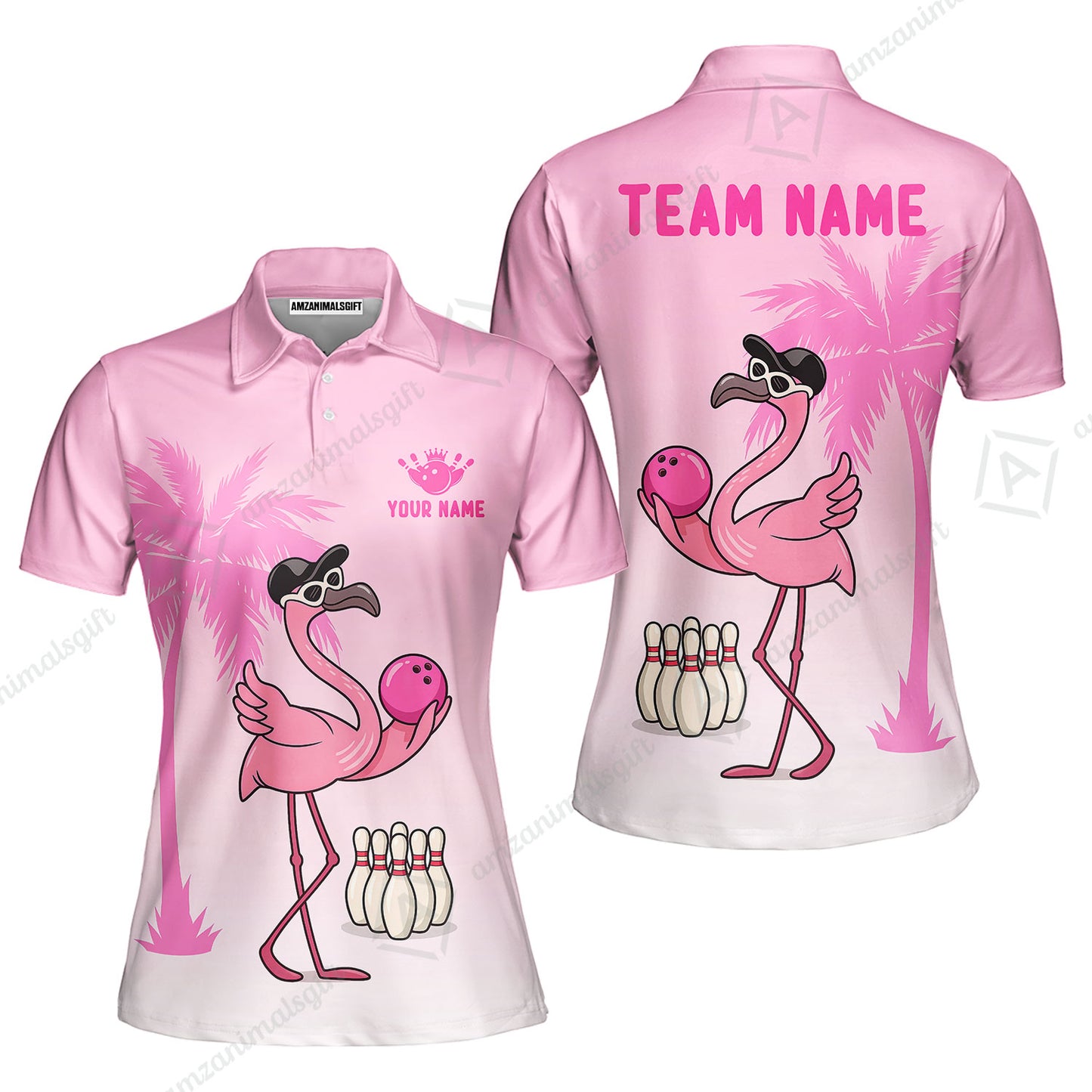 Custom Bowling Jersey Polo Shirt, Flamingo Bowling Coconut Tree, Custom Bowling Jersey Team Shirt For Players With Name and Team Name
