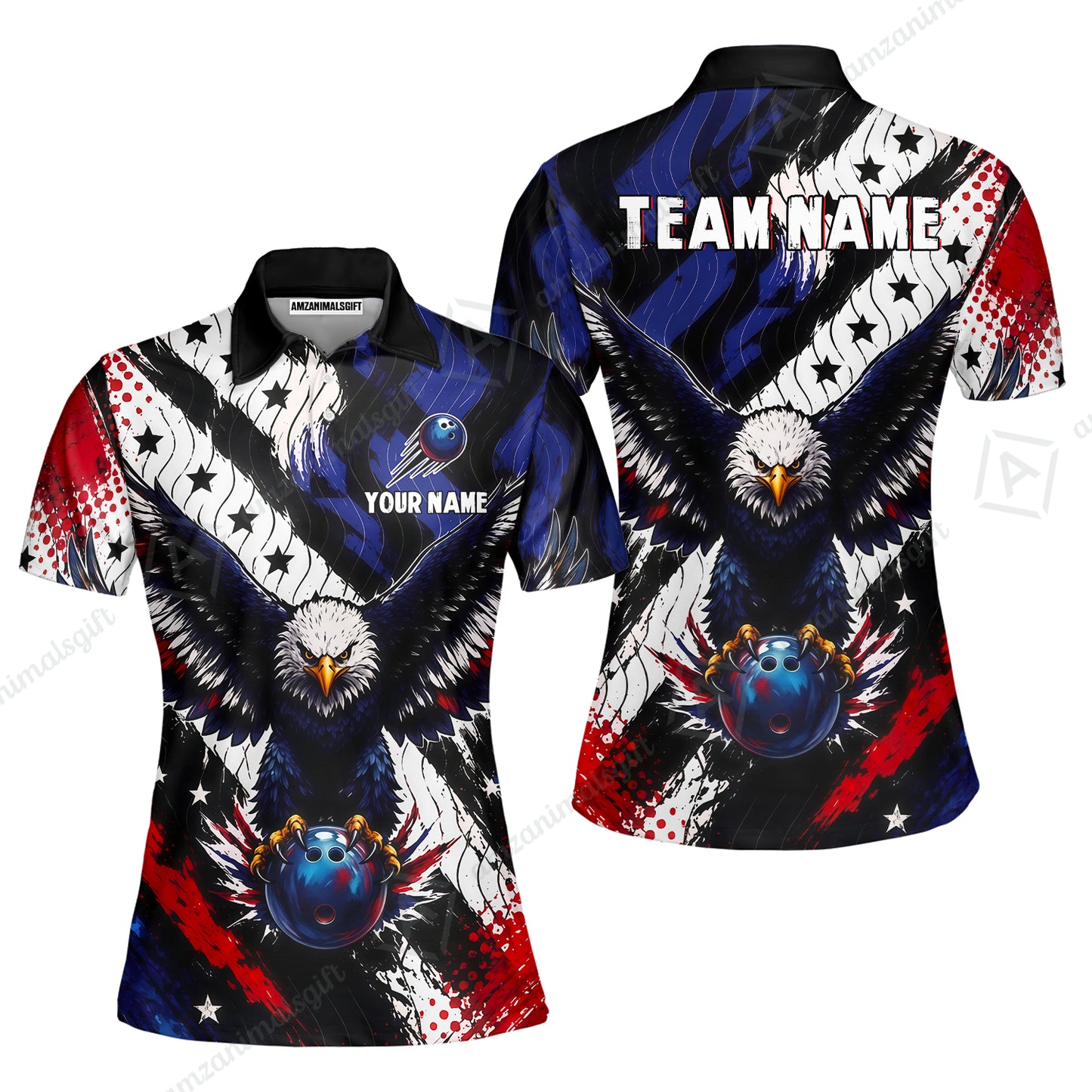 Custom Bowling Jersey Polo Shirt, American Flag And Eagle Hold Bowling Ball, Personalize Name and Team Name