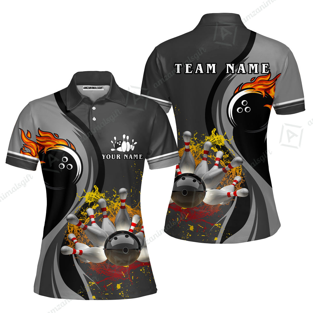 Customized Bowling Unisex Polo Shirt, Bowling And Pins Water Flow Multicolor Option Customized Name And Team Name For Bowling Team Polo Jerseys Shirts