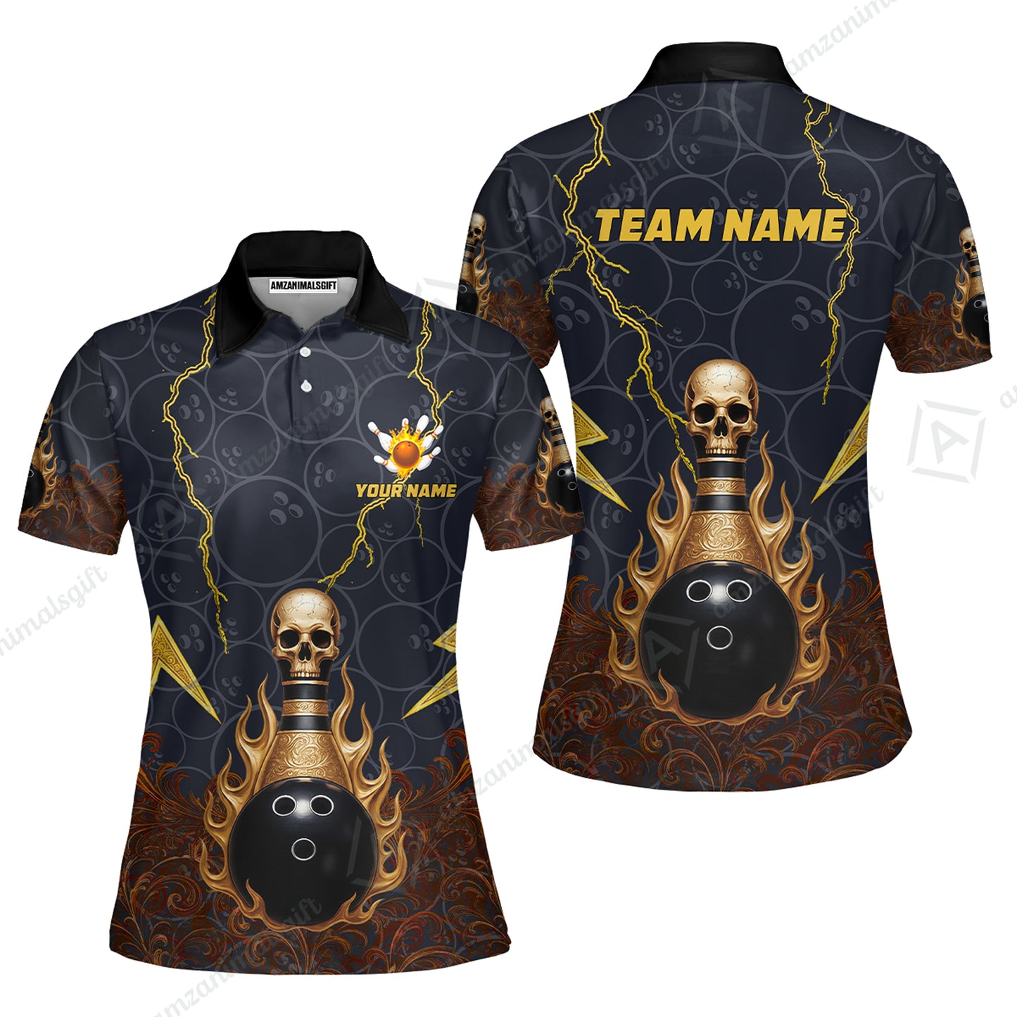 Custom Bowling Team Unisex Polo Shirt, Thunder Skull Strike Personalized Team Shirt, Custom Name and Team Name for Bowlers