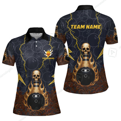Custom Bowling Team Unisex Polo Shirt, Thunder Skull Strike Personalized Team Shirt, Custom Name and Team Name for Bowlers