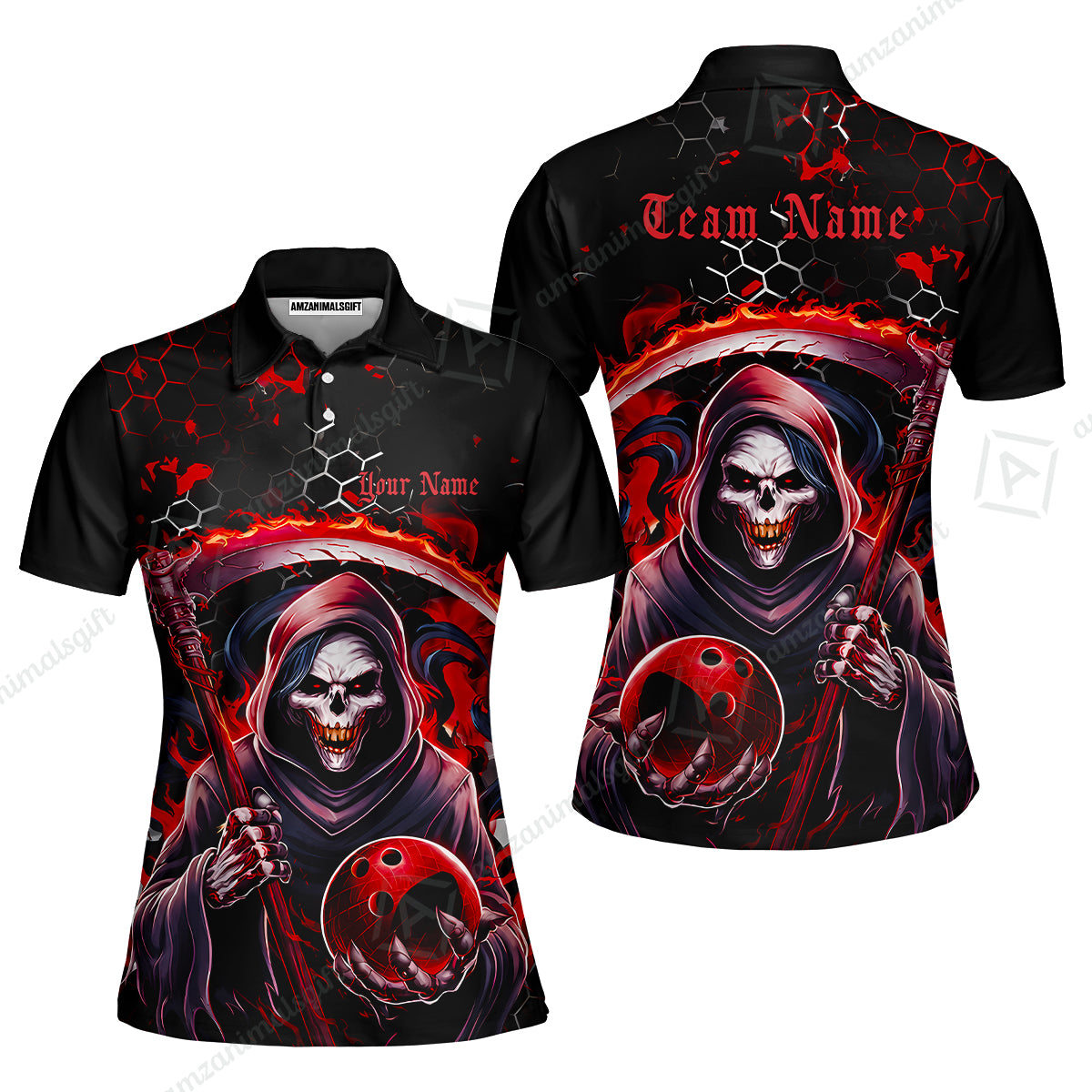 Custom Bowling Jersey Polo Shirt, Red Reaper, Personalized Name And Team Name