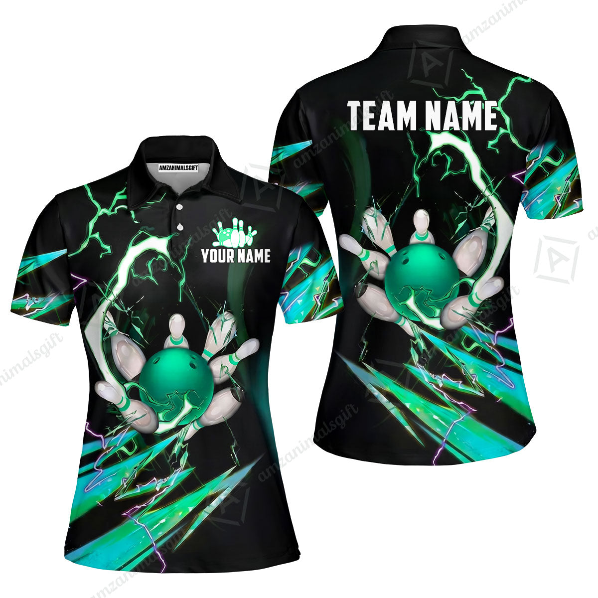 Custom Bowling Jersey Polo Shirt, Electric Strike & Neon Plasma, Custom Bowling Jersey Team Shirt For Players With Name & Team Name