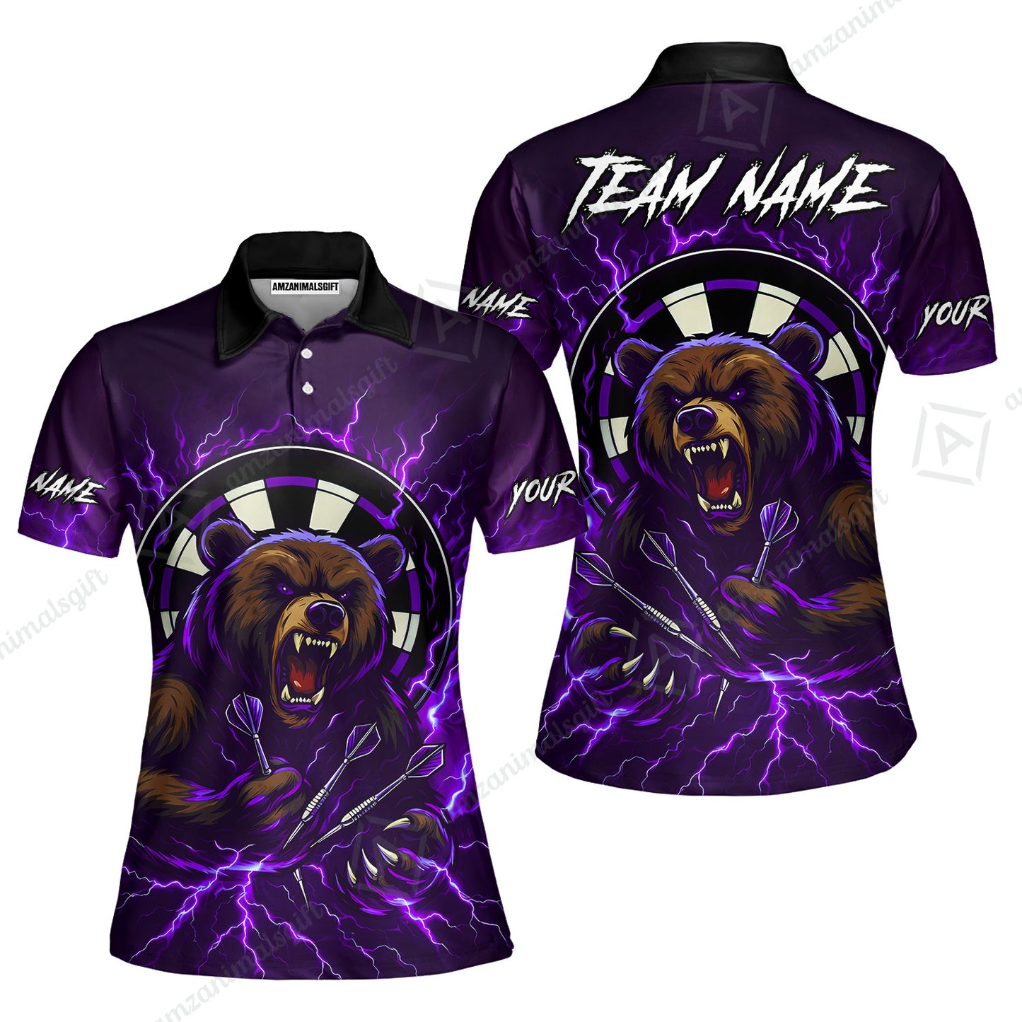 Custom Darts Team Long Sleeve Polo Shirt, Personalized Bear Thunder Lightning Darts Shirt with Name & Team Name