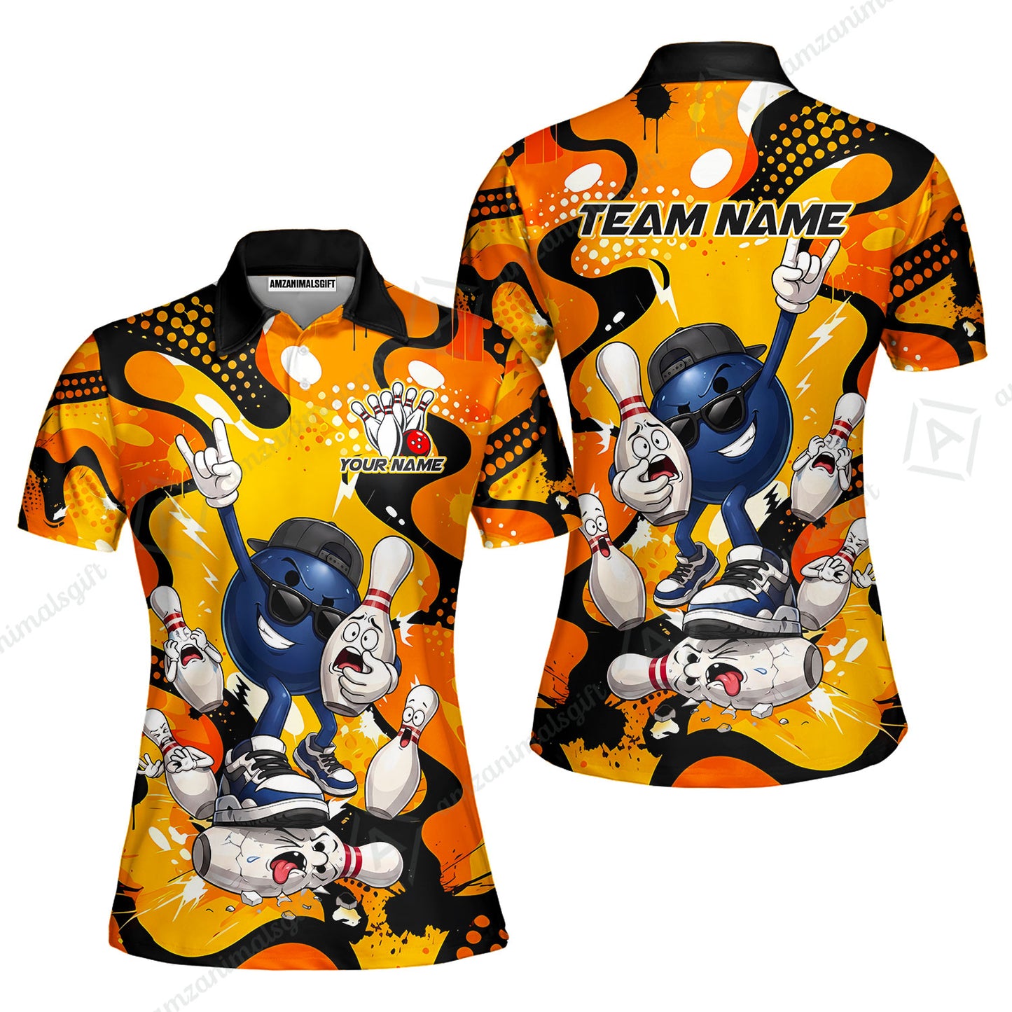 Custom Bowling Jersey Polo Shirt, Bowling Comic Book Art Orange Dot Flat Design, Personalize Name and Team Name