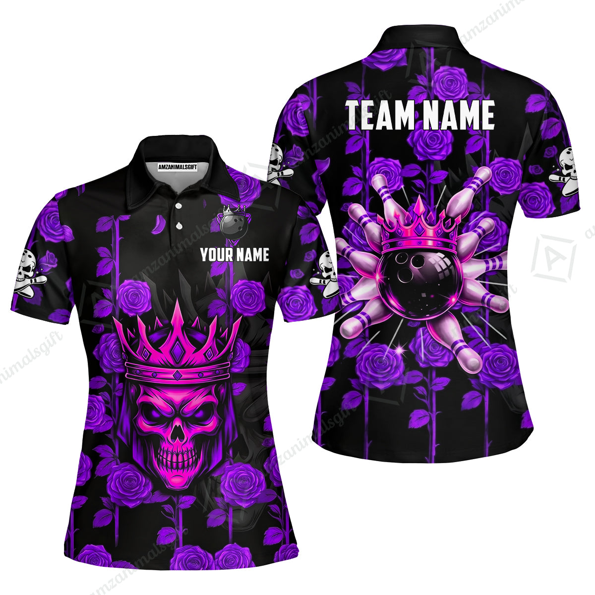Custom Bowling Jersey Polo Shirt, Royal Skull Bowling, Custom Bowling Jersey Team Shirt For Players With Name & Team Name