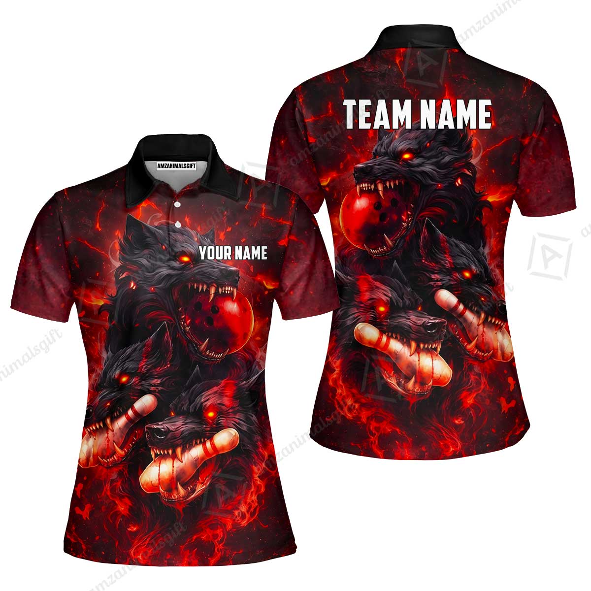 Custom Bowling Jersey Polo Shirt, Dark Fantasy Hellfire Werewolf, Custom Bowling Jersey Team Shirt For Players With Name & Team Name