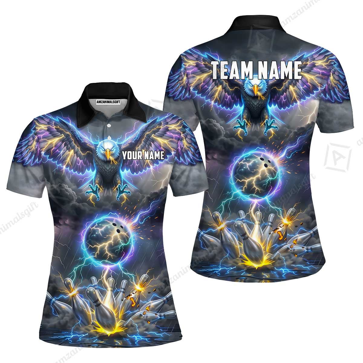 Custom Bowling Jersey Polo Shirt, Majestic Electric Lightning Eagle, Custom Bowling Jersey Team Shirt For Players With Name and Team Name