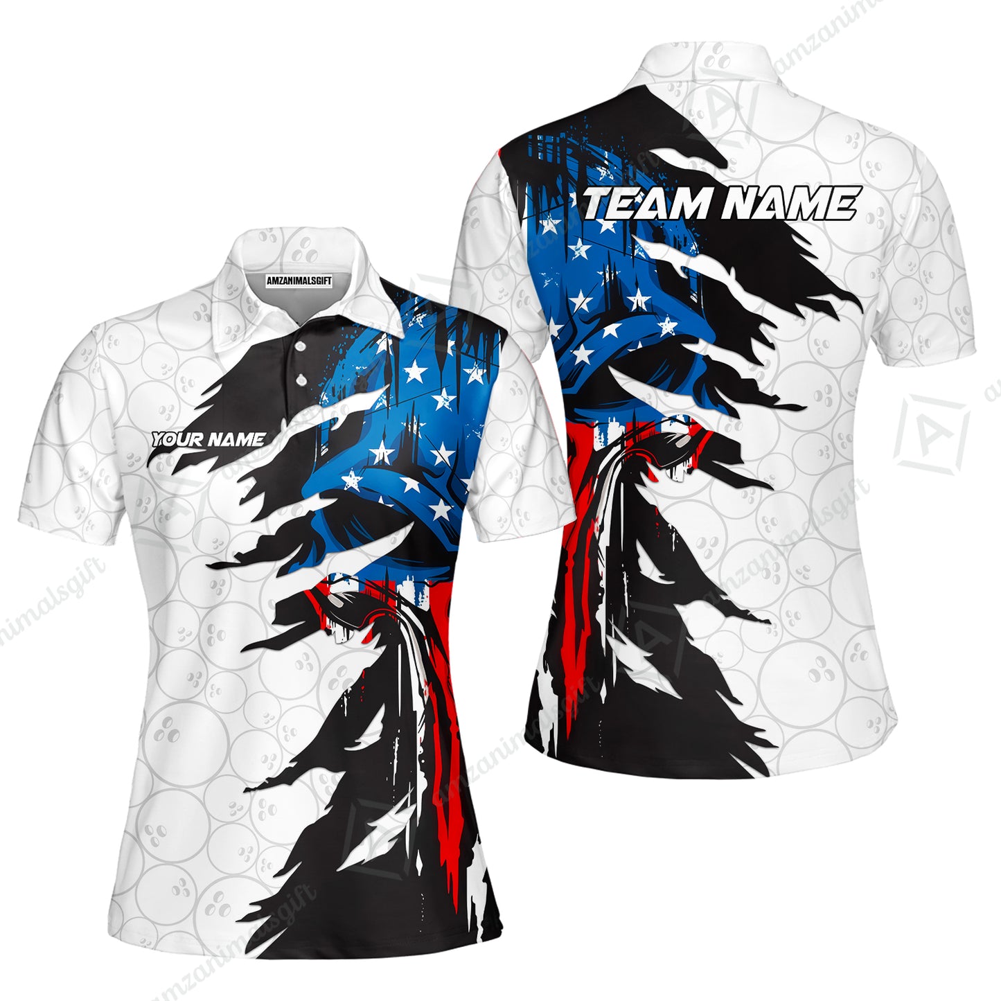 Custom Bowling Jersey Polo Shirt, Grunge USA Flag Bowling Custom Bowling Jersey Team Shirt For Players With Name & Team Name