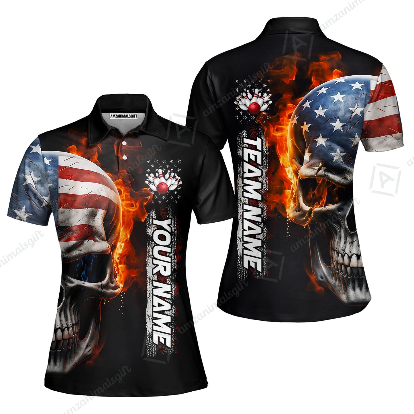 Custom Flaming USA Flag Bowling Jersey Polo Shirt, Custom Flaming USA Flag Bowling Jersey Team Shirt For Players With Name & Team Name