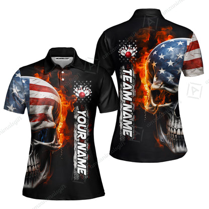 Custom Flaming USA Flag Bowling Jersey Polo Shirt, Custom Flaming USA Flag Bowling Jersey Team Shirt For Players With Name & Team Name
