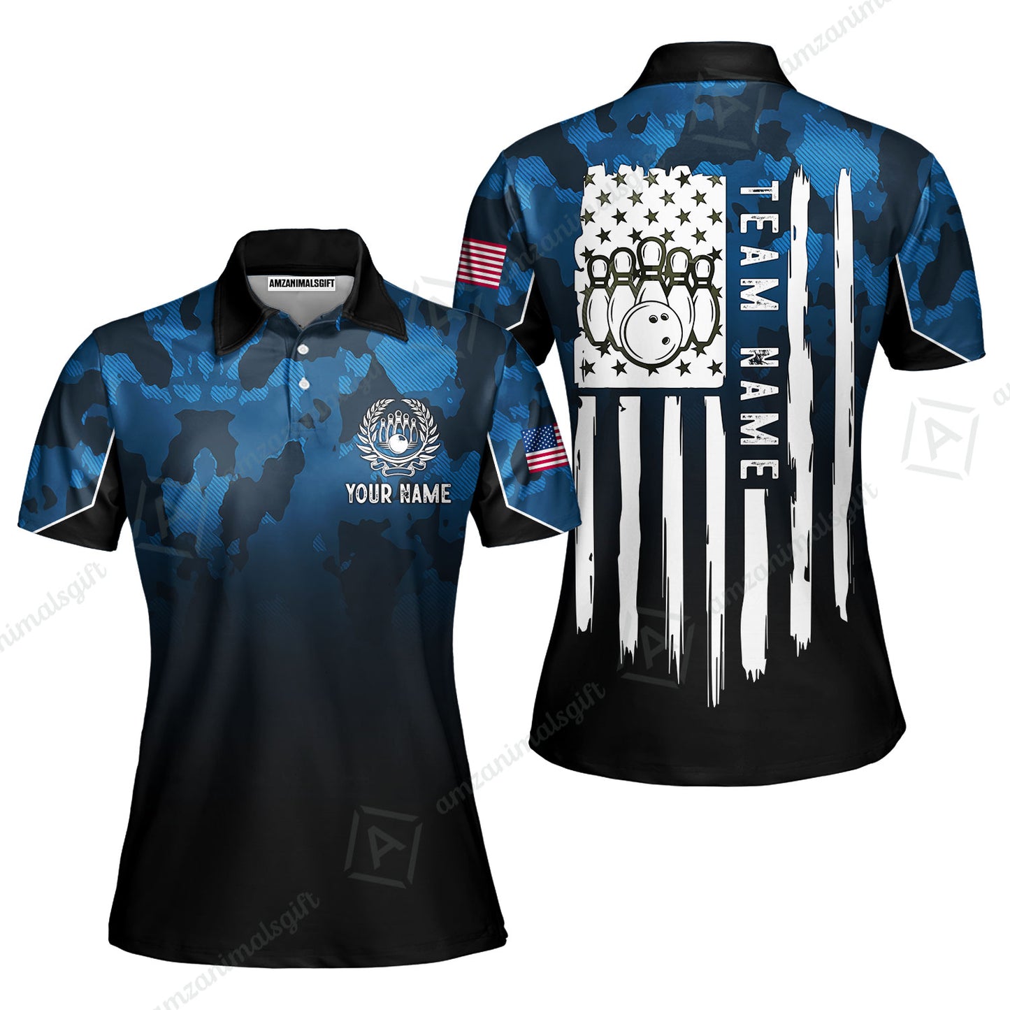 Custom Bowling Jersey Polo Shirt, Tactical Camo Patriotic Flag, Custom Bowling Jersey Team Shirt For Players With Name and Team Name
