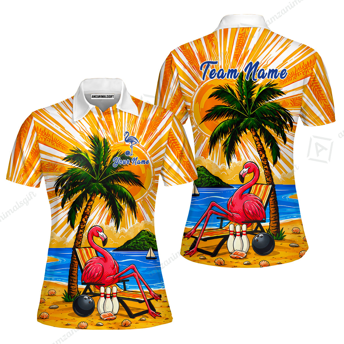 Custom Bowling Jersey Polo Shirt, Flamingo Aloha, Custom Bowling Jersey Team Shirt For Players With Name and Team Name