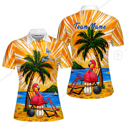 Custom Bowling Jersey Polo Shirt, Flamingo Aloha, Custom Bowling Jersey Team Shirt For Players With Name and Team Name