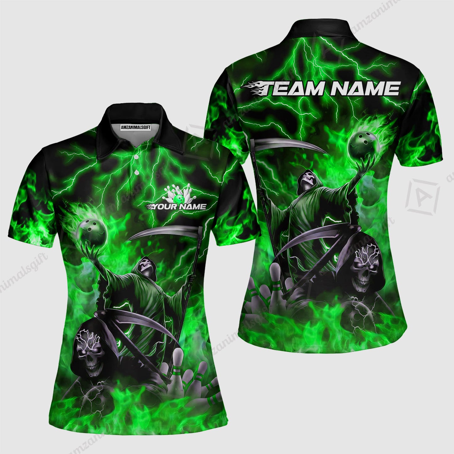 Custom Bowling Team Quarter-Zip Polo Shirt, Grim Reaper Skull With Flame Bowling Lightning Design for Bowlers, Personalized Shirt with Name and Team Name