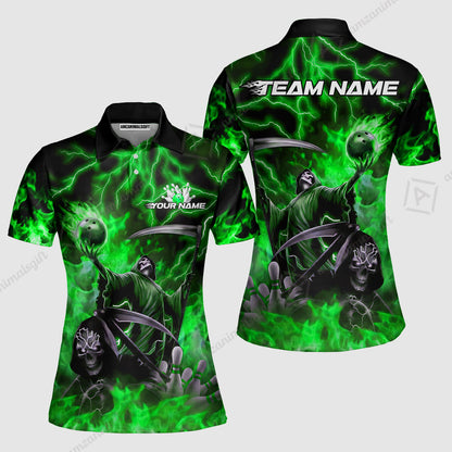 Custom Bowling Team Quarter-Zip Polo Shirt, Grim Reaper Skull With Flame Bowling Lightning Design for Bowlers, Personalized Shirt with Name and Team Name