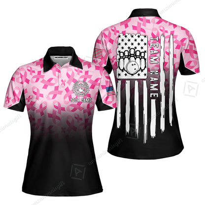 Custom Bowling Jersey Polo Shirt, Ribbon Breast Cancer Awareness Flag, Custom Bowling Jersey Team Shirt For Players With Name and Team Name
