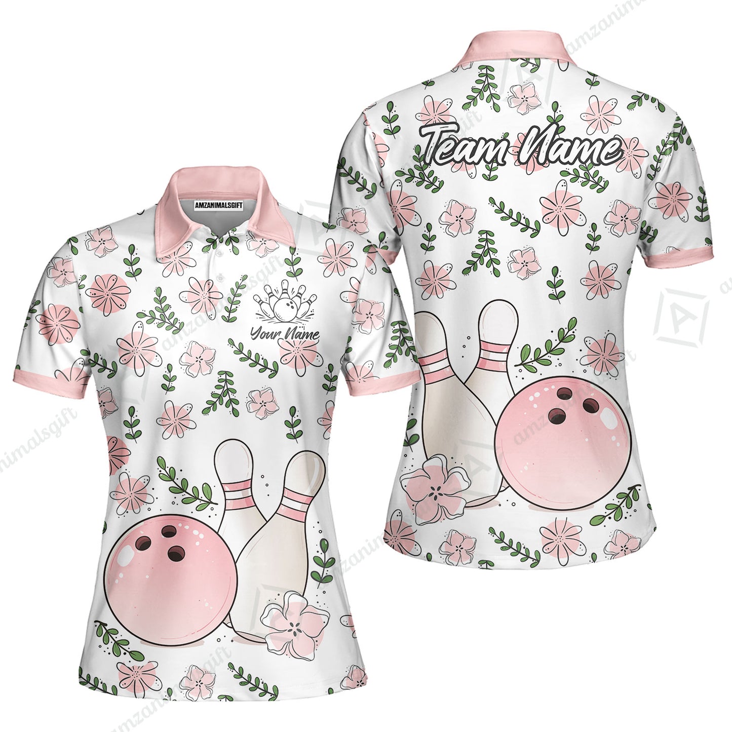 Custom Bowling Jersey Polo Shirt, Pink Floral Bowling, Custom Bowling Jersey Team Shirt For Players With Name & Team Name