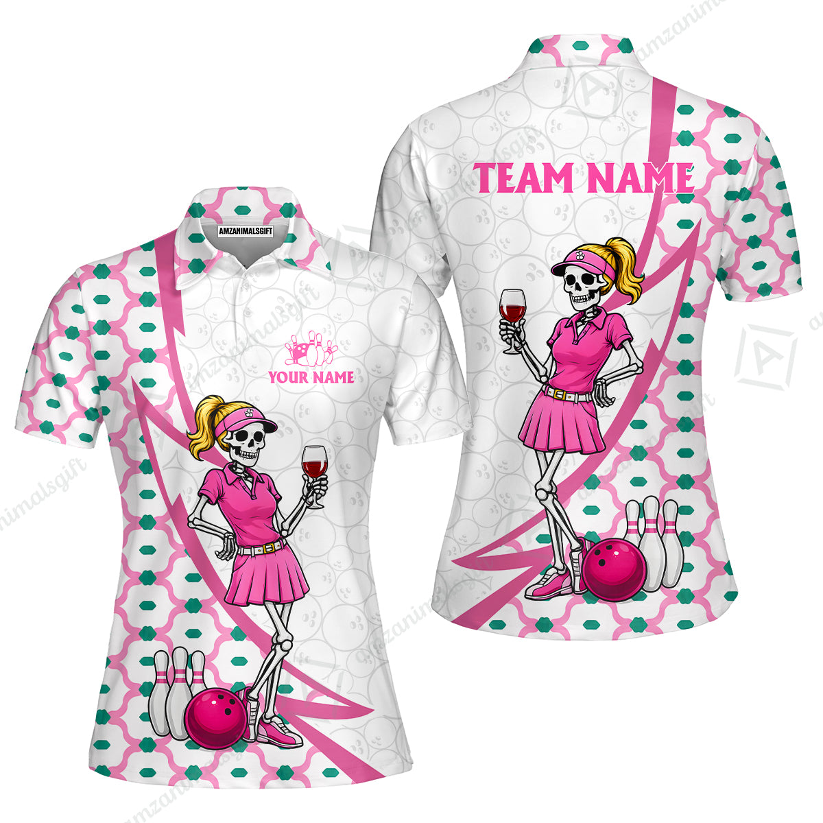 Custom Bowling Jersey Polo Shirt, Pink Skeleton Bowling, Personalize Name and Team Name