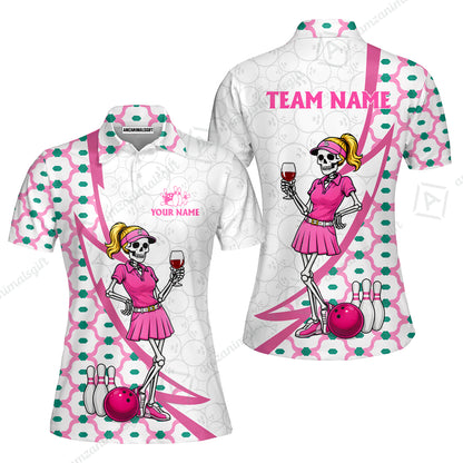 Custom Bowling Jersey Polo Shirt, Pink Skeleton Bowling, Personalize Name and Team Name