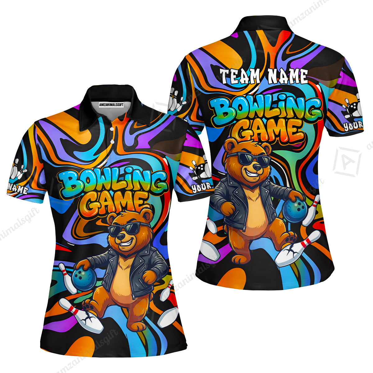 Custom Bowling Jersey Polo Shirt, Trippy Swirl Rocker Bear Graffiti Style, Custom Bowling Jersey Team Shirt For Players With Name & Team Name