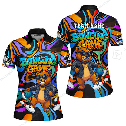 Custom Bowling Jersey Polo Shirt, Trippy Swirl Rocker Bear Graffiti Style, Custom Bowling Jersey Team Shirt For Players With Name & Team Name
