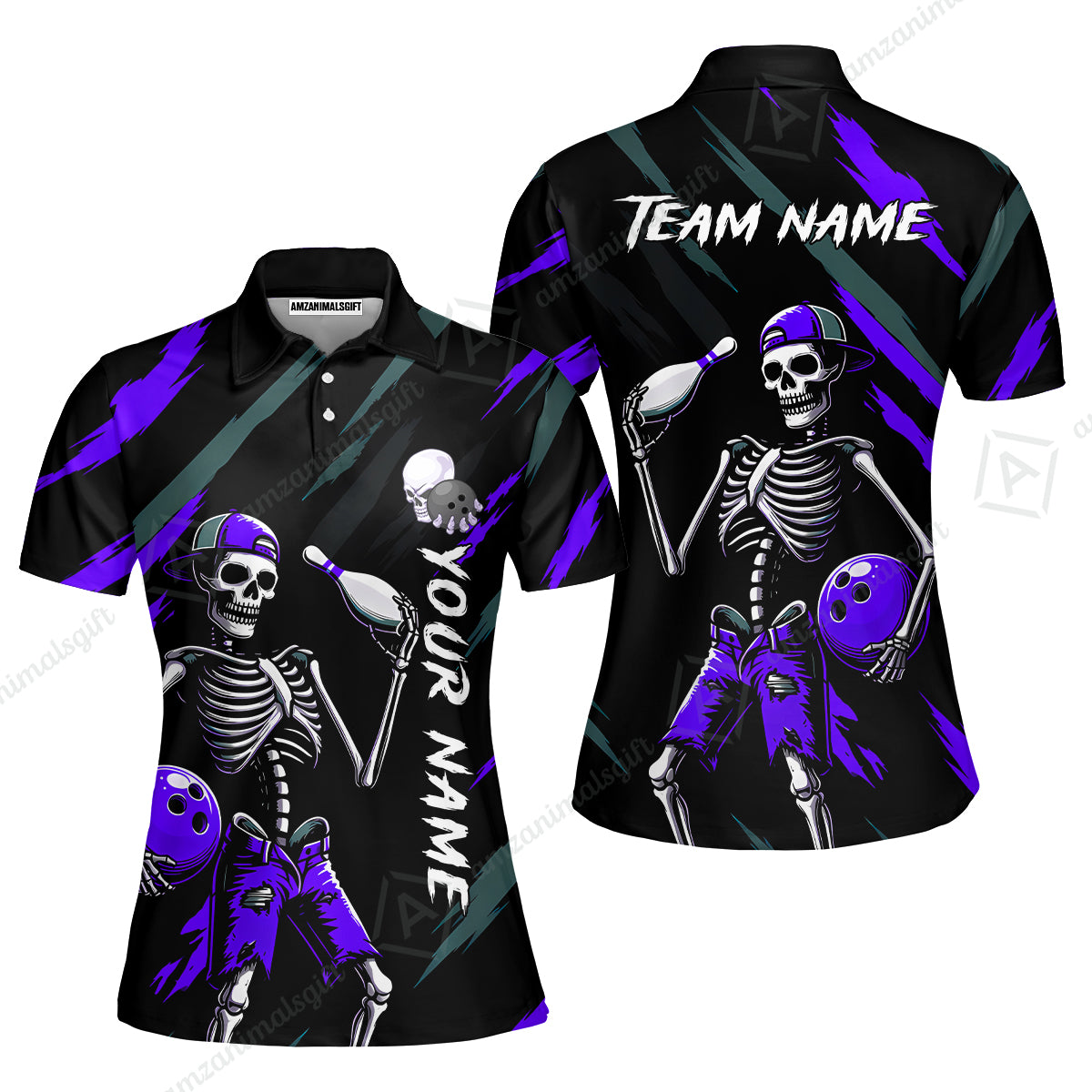 Customized Bowling Shirt, Bad Boy Skeleton Bowler, Personalized Polo Shirt For Players With Name & Team Name