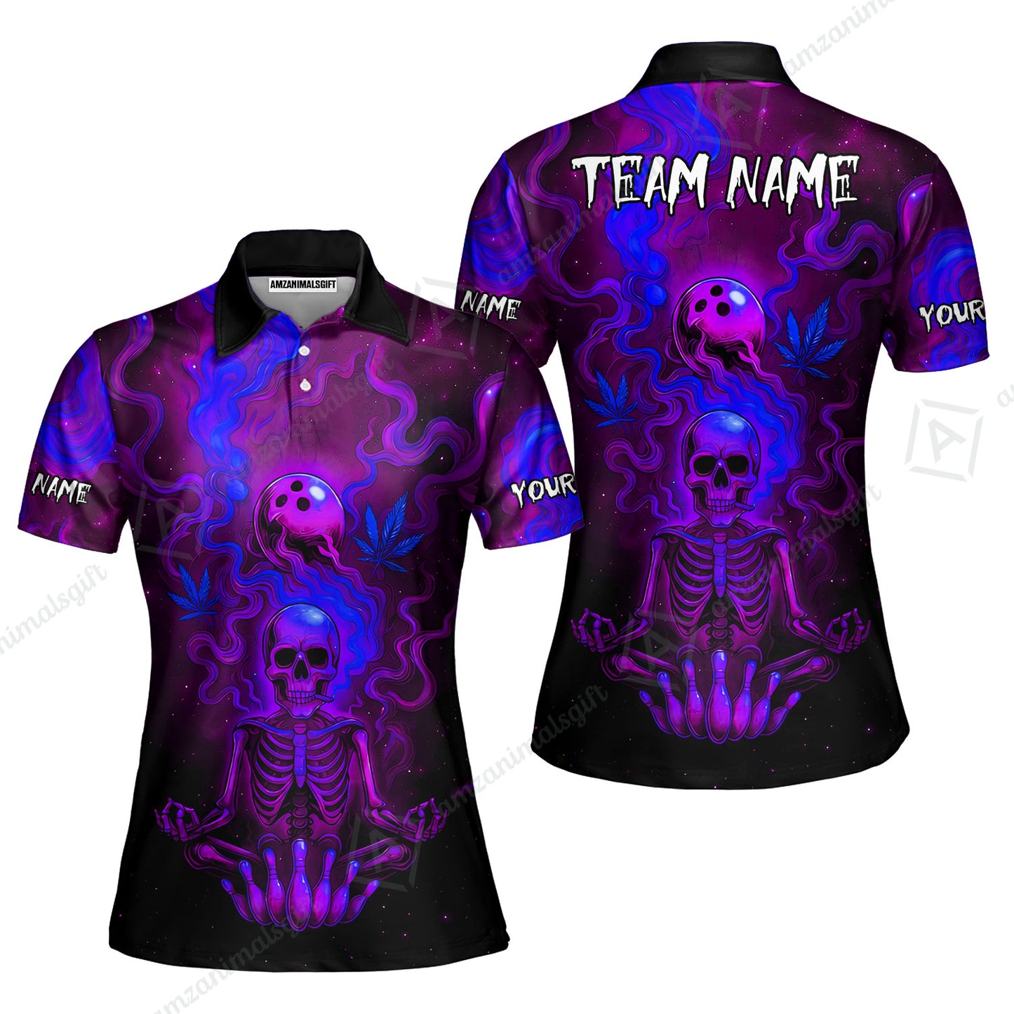 Custom Bowling Team Unisex Polo Shirt, Neon Skull CNB Bowling Custom Shirt Featuring Personalized Name and Team Name