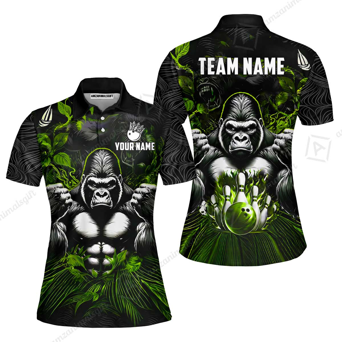 Custom Bowling Jersey Polo Shirt, Furious Gorilla Mascot, Custom Bowling Jersey Team Shirt For Players With Name & Team Name