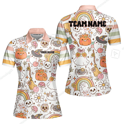 Customized Bowling Shirt, Mushroom Ghost Cute Rainbow Halloween Pattern Bowling, Personalized Polo Shirt For Players With Name & Team Name