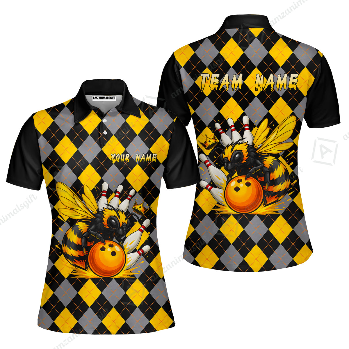 Custom Bowling Jersey Polo Shirt, Argyle Bee Mascot, Custom Bowling Jersey Team Shirt For Players With Name and Team Name