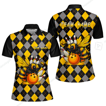 Custom Bowling Jersey Polo Shirt, Argyle Bee Mascot, Custom Bowling Jersey Team Shirt For Players With Name and Team Name
