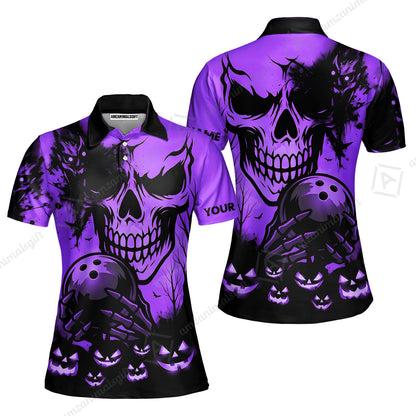Custom Bowling Jersey Polo Shirt, Pumpkins Skull Halloween, Custom Bowling Jersey Team Shirt For Players With Name & Team Name