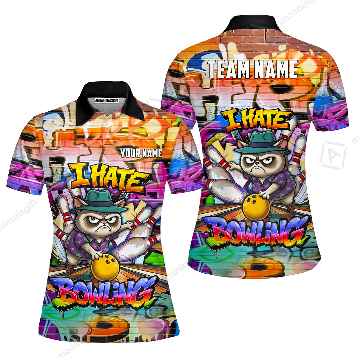 Custom Bowling Jersey Polo Shirt, Sarcastic Grumpy Cat Graffiti, Custom Bowling Jersey Team Shirt For Players With Name and Team Name