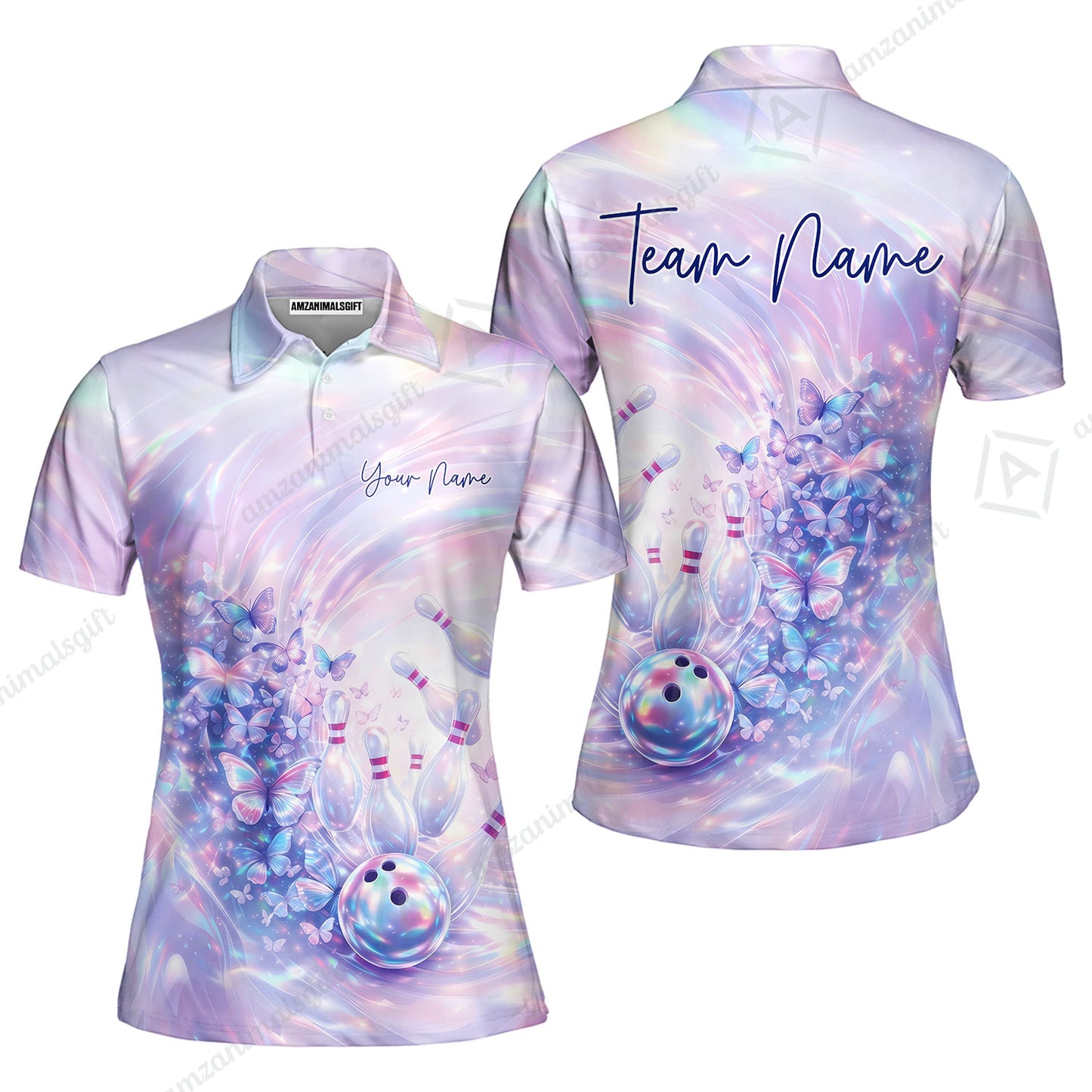 Custom Bowling Jersey Polo Shirt, Butterfly Holographic Bowling, Custom Bowling Jersey Team Shirt For Players With Name and Team Name